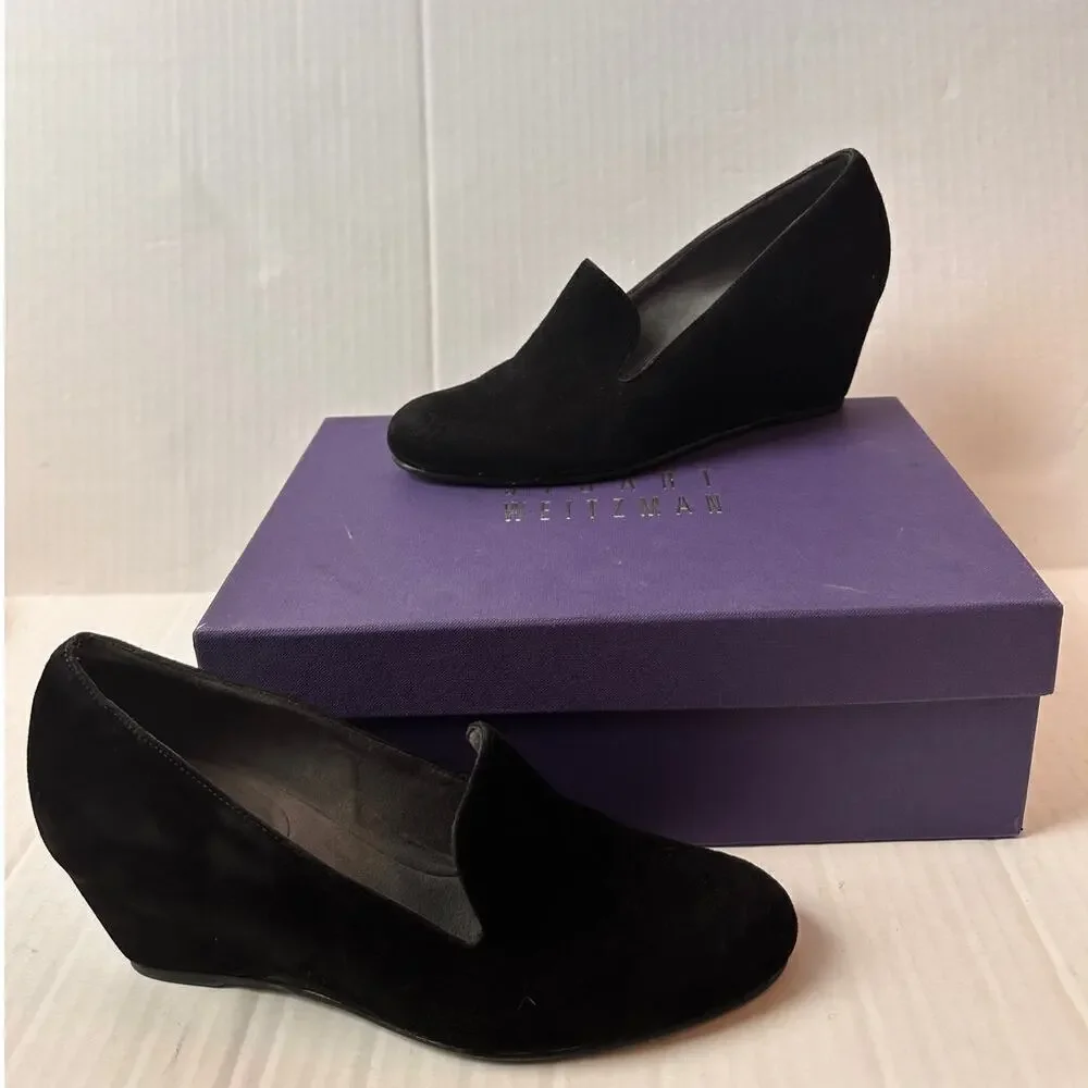 Stuart Weitzman Size 7.5 Black Suede Arise Wedge Heel Closed Toe Shoe Office - Picture 2 of 11